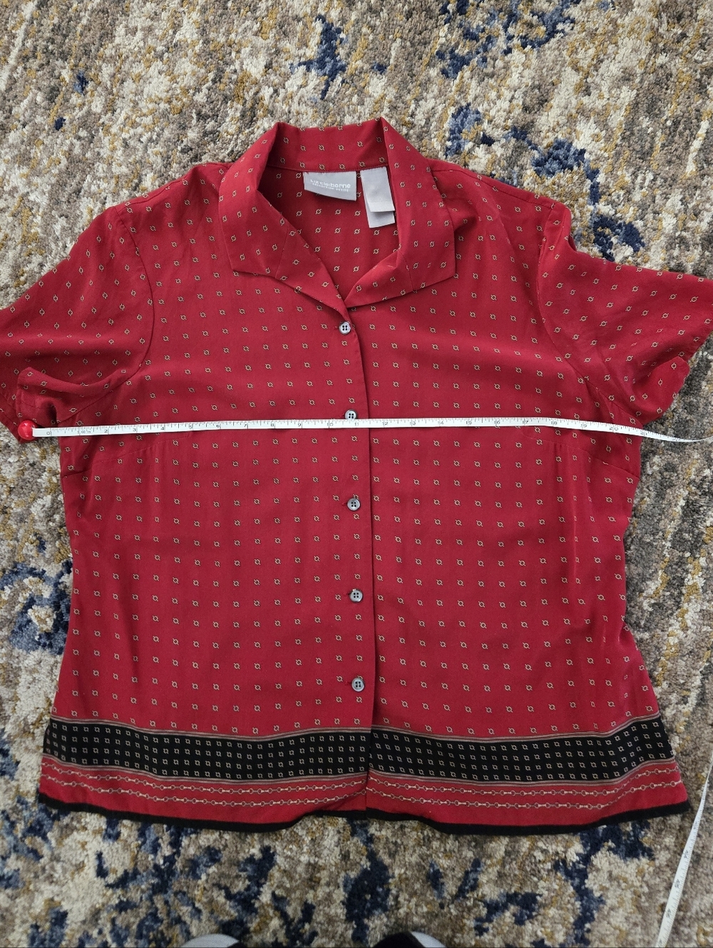 Vtg Silk Liz Claiborne Short Sleeve Button Down Red Black - Picture 6 of 7